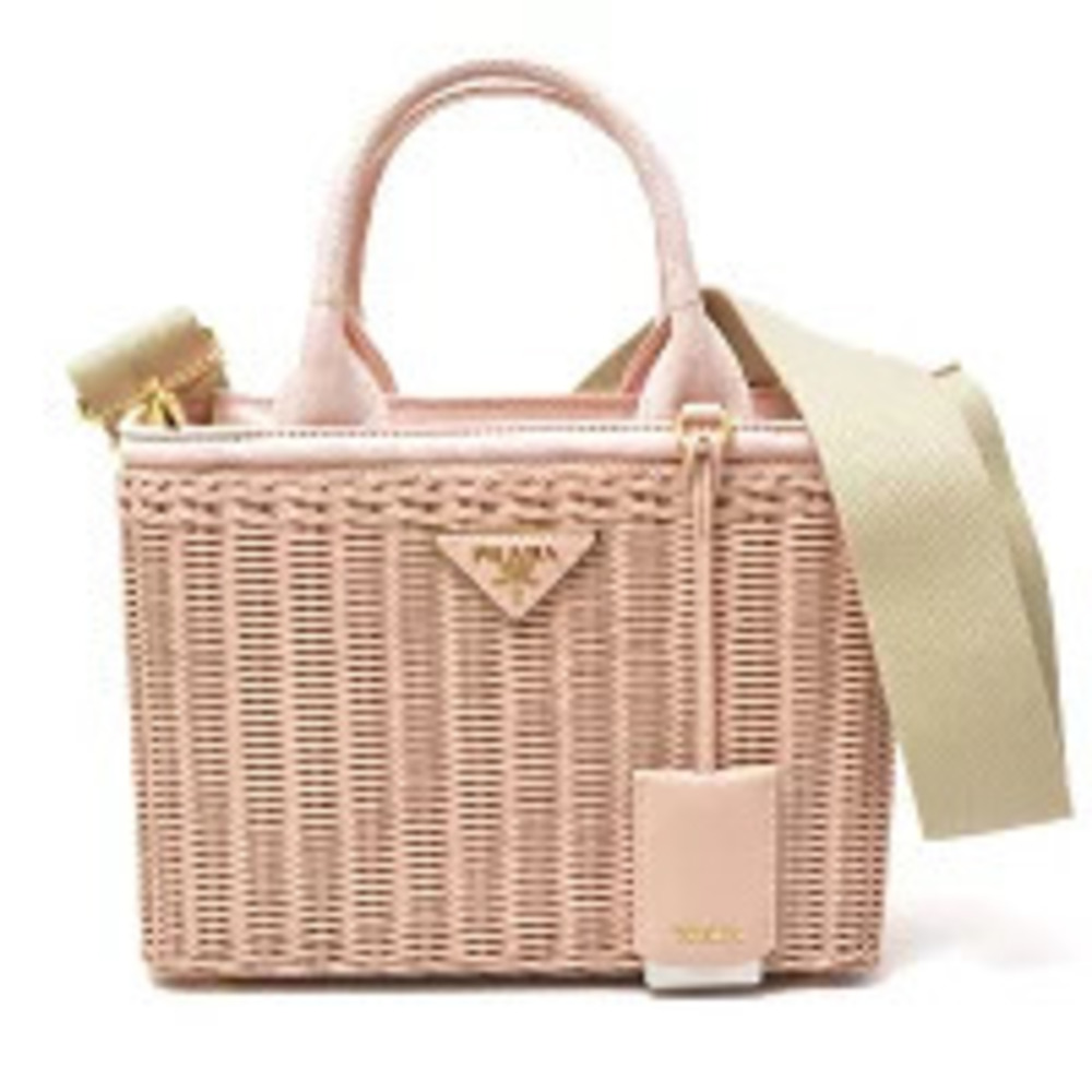 Prada Wicker Basket Bag Rattan Canvas Pesca Pink - Picture 1 of 10